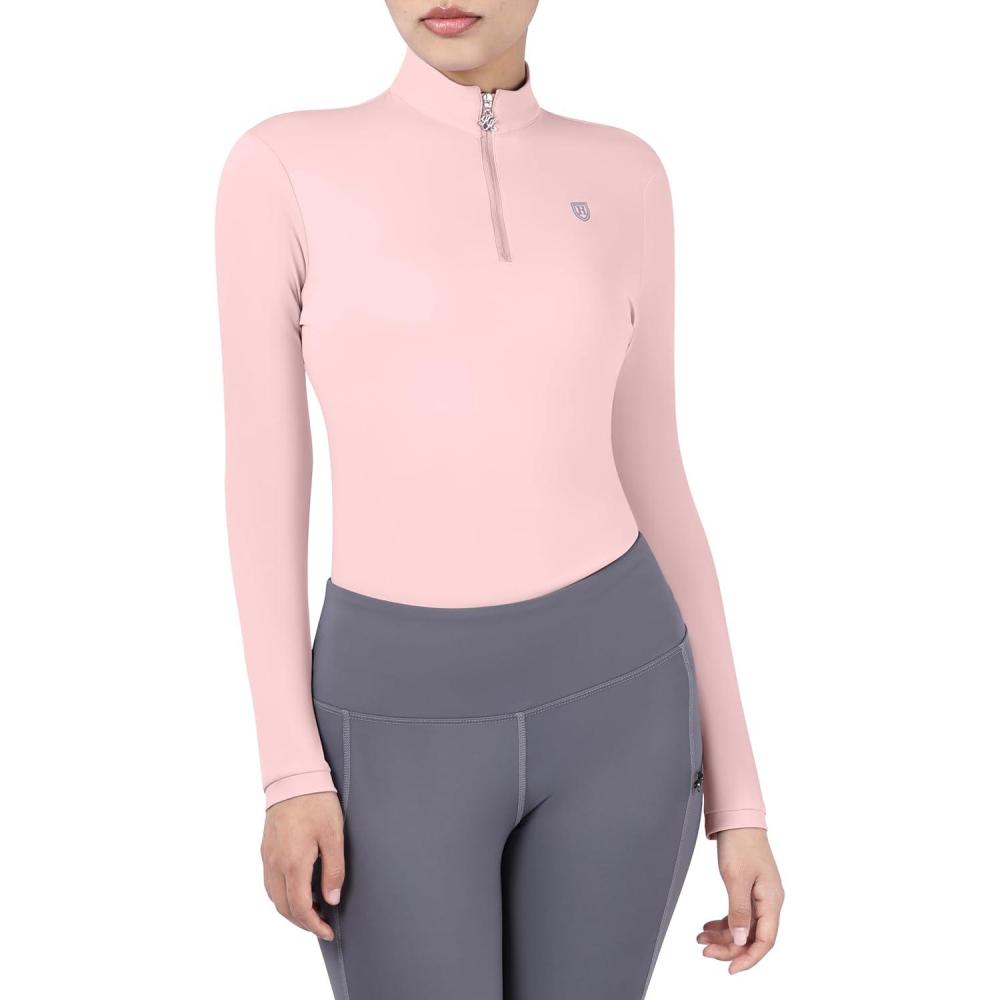 imageHarrison Howard Womens Equestrian Sweat Absorption Quick Drying Horse Riding Long Sleeve Shirt 14 Zip Base LayerPink