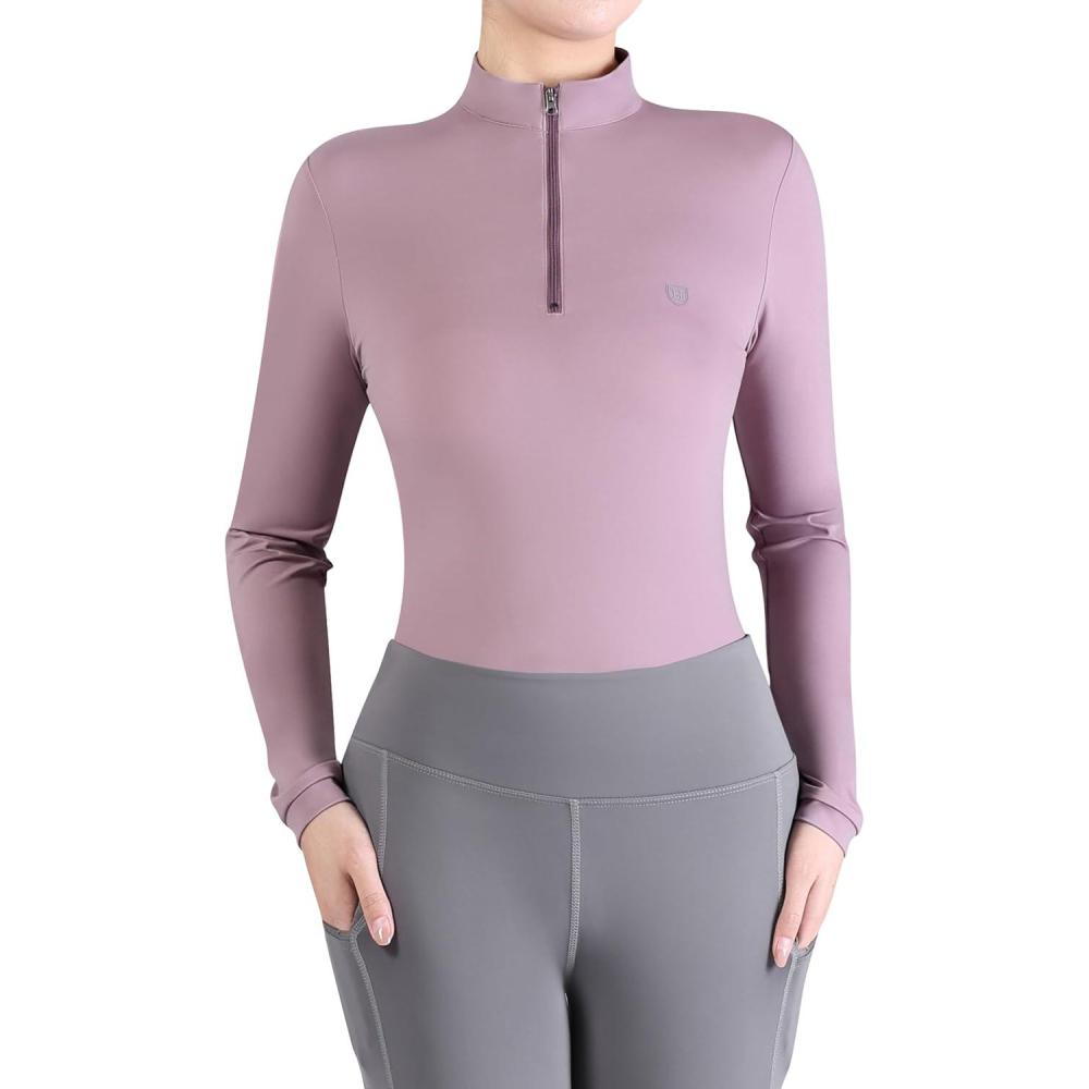 imageHarrison Howard Womens Equestrian Sweat Absorption Quick Drying Horse Riding Long Sleeve Shirt 14 Zip Base LayerPlum