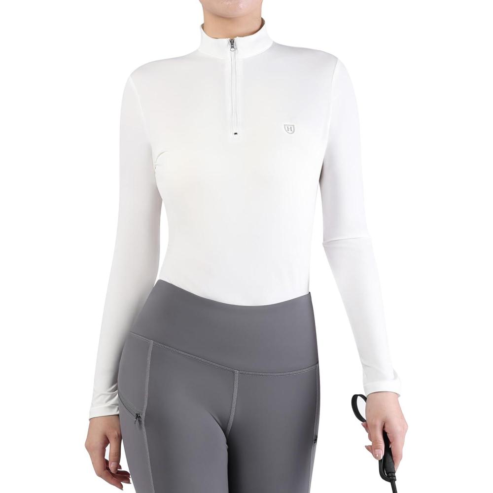 imageHarrison Howard Womens Equestrian Sweat Absorption Quick Drying Horse Riding Long Sleeve Shirt 14 Zip Base LayerWhite