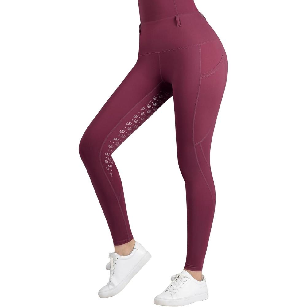 imageHarrison Howard Womens Full Seat Riding Tights with Side Pockets Horse Riding Pants Equestrian BreechesBurgundy
