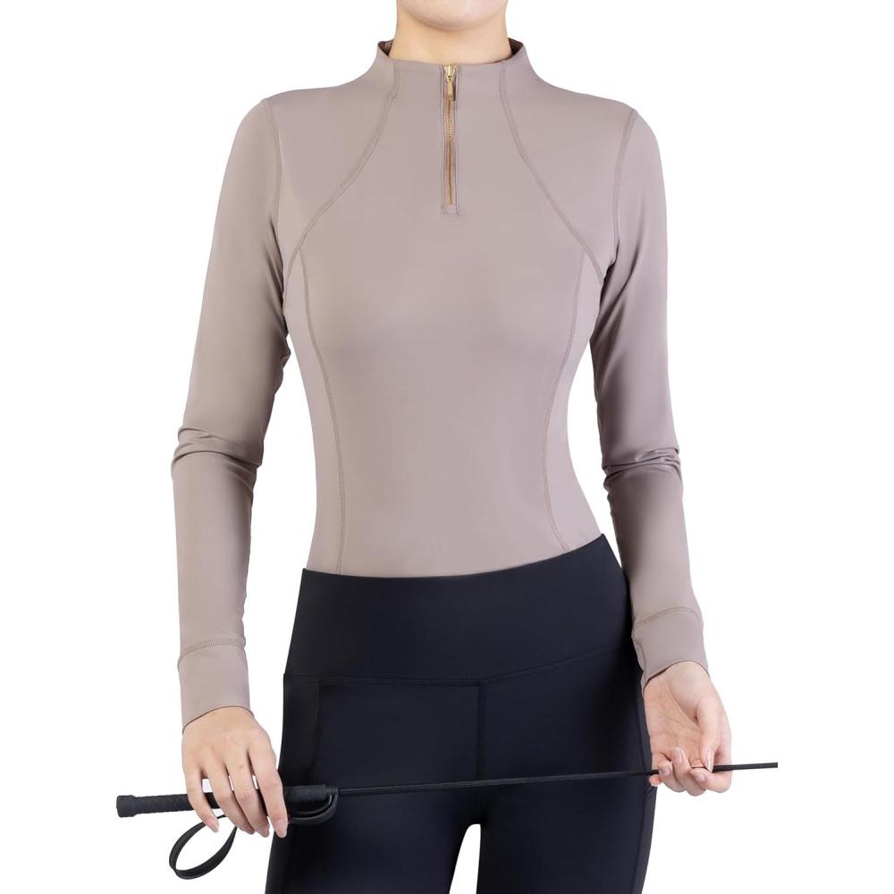 imageHarrison Howard Womens Horse Riding Shirt  Long Sleeve Equestrian Shirts with 14 ZipCamel