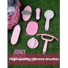Harrison Howard Horse Grooming Kit 11-Piece Equine Care Series Horse Brush Sets with Organizer Tote Bag Tack Room Supplies Shedding Grooming Massaging Tools Blue Brushstroke Ponies(Pink)