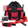 Harrison Howard Horse Grooming Kit 9-Piece Equine Care Series Horse Brush Sets with Organizer Tote Bag Tack Room Supplies Shedding Grooming Massaging Tools Purple(Red)