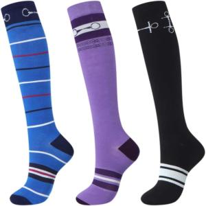 Harrison Howard 3 Pairs Premium Quality Equestrian Riding Socks for Horse Riding &Tall Boot Knee High Socks for Women(Blue Color Bar/Horse Bit Purple/Horse Bit Black)