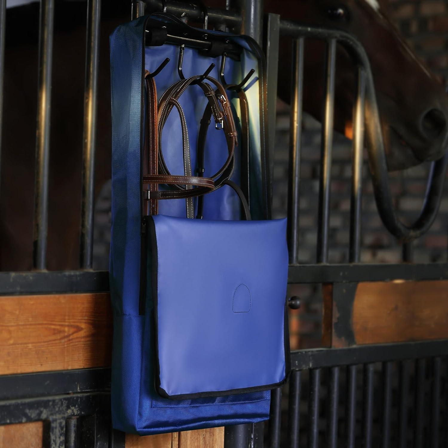 imageHarrison Howard BridleHalter Bag with 3 Prong Tack Rack Sturdy Waterproof Fabric Horse Tack Carry BagNavyBlue