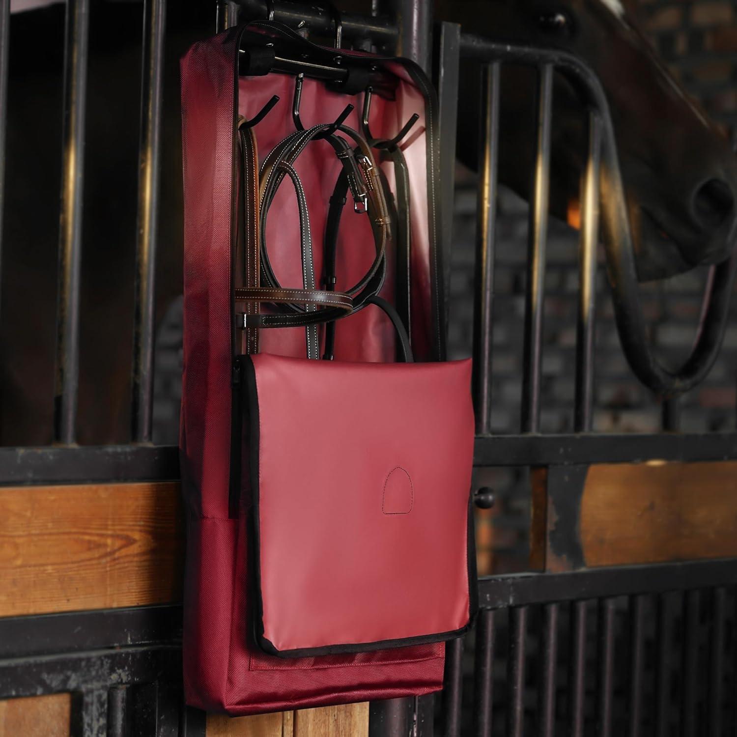 imageHarrison Howard BridleHalter Bag with 3 Prong Tack Rack Sturdy Waterproof Fabric Horse Tack Carry BagNavyBurgundy