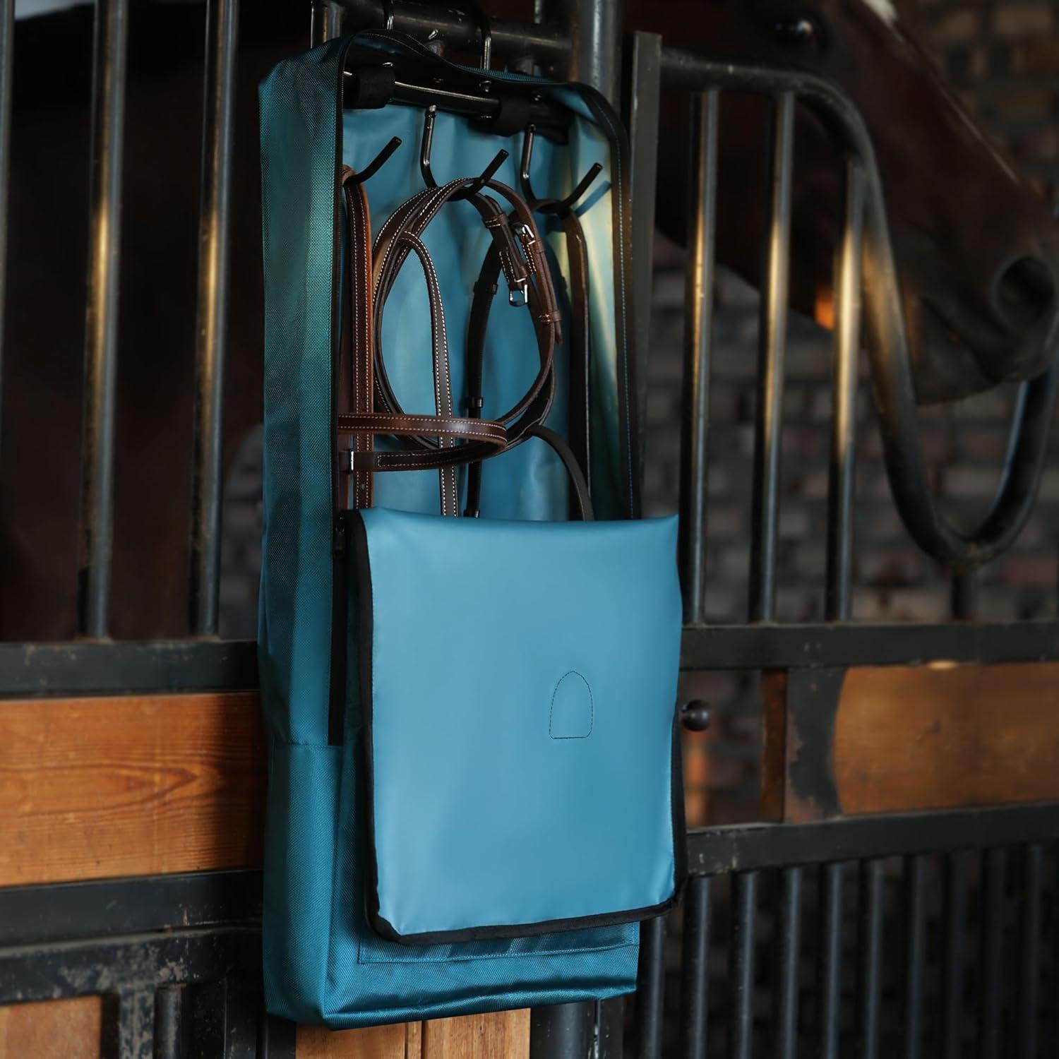 imageHarrison Howard BridleHalter Bag with 3 Prong Tack Rack Sturdy Waterproof Fabric Horse Tack Carry BagNavyTeal
