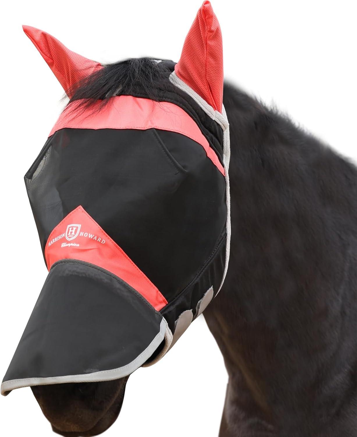 imageHarrison Howard Horse Fly Mask Long Nose with Ears FuchsiaNavy M CobOrange black