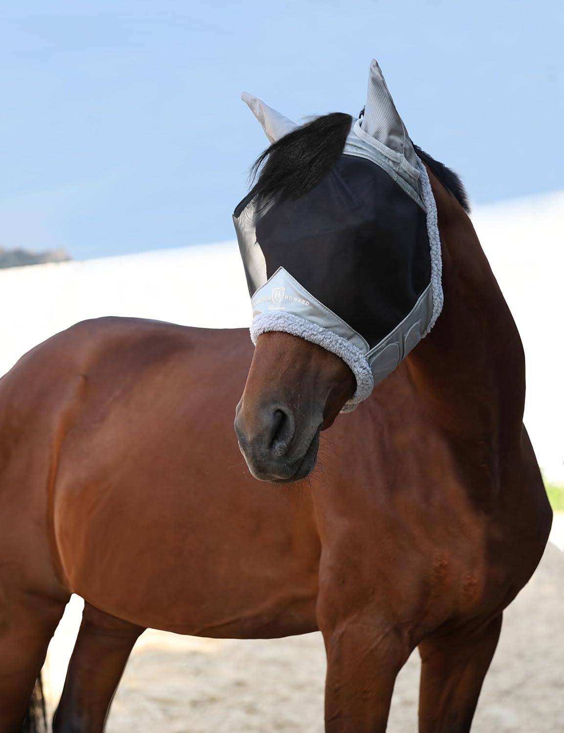imageHarrison Howard Horse Fly Mask UV Protective Fine Mesh with Extra Wool Soft Touch on Skin Fly and UV Protection Moonlight Silver SMoonlight Silver