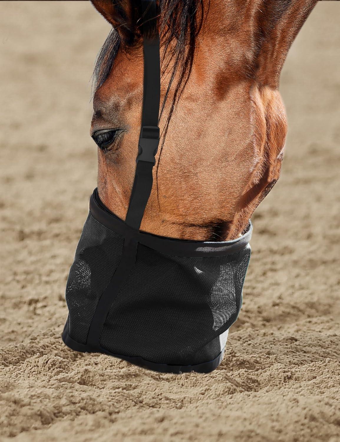 imageHarrison Howard Horse Muzzle Feed Bag Nylon Mesh Grain Feed Bag with Padded Neck Strap Adjustable Belt Mint SmallBlack