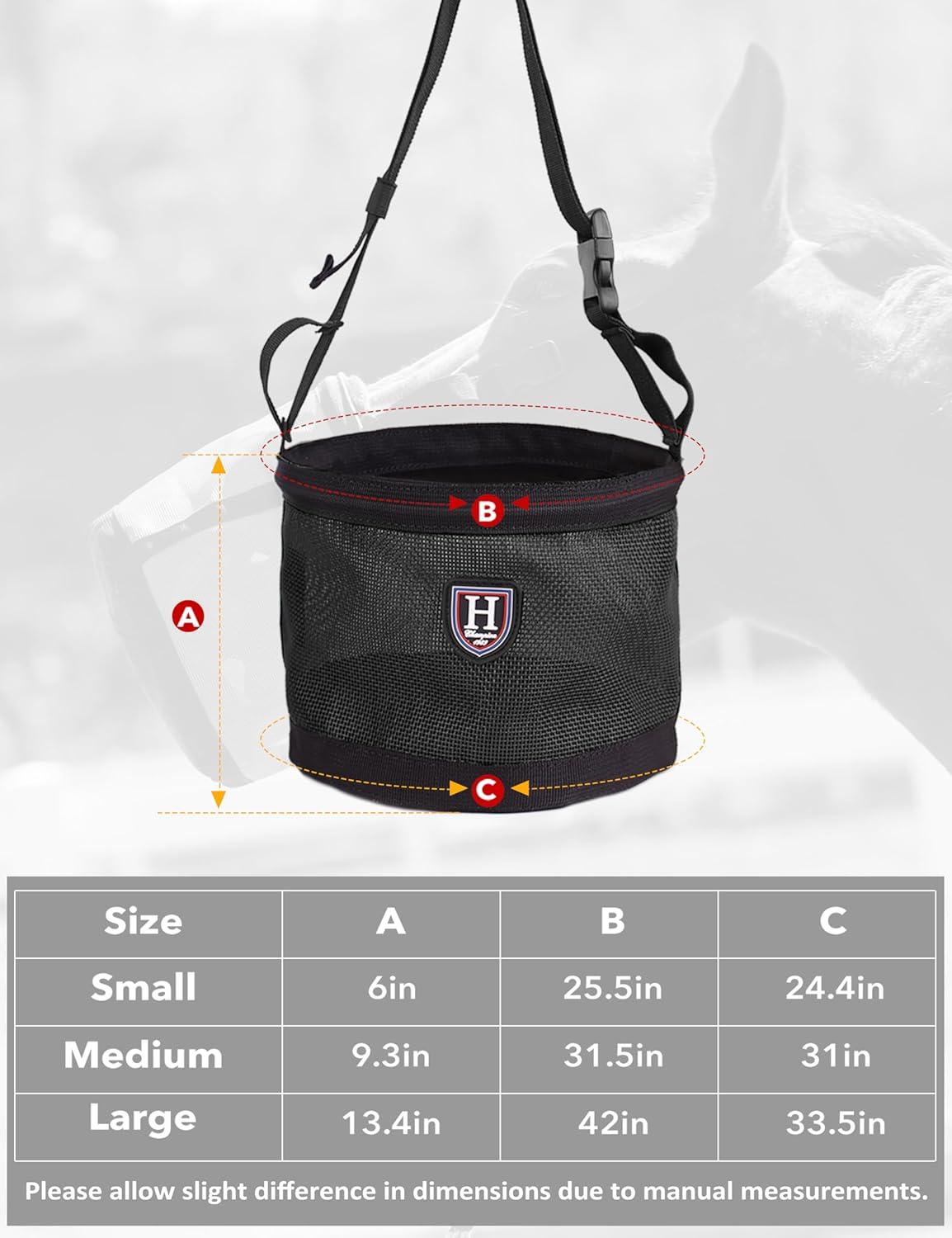 imageHarrison Howard Horse Muzzle Feed Bag Nylon Mesh Grain Feed Bag with Padded Neck Strap Adjustable Belt Mint SmallBlack