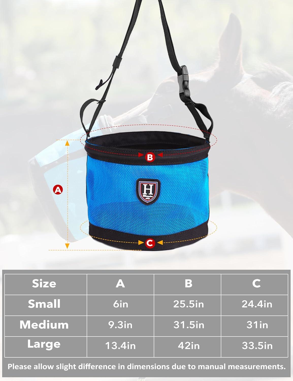 imageHarrison Howard Horse Muzzle Feed Bag Nylon Mesh Grain Feed Bag with Padded Neck Strap Adjustable Belt Mint SmallBlue