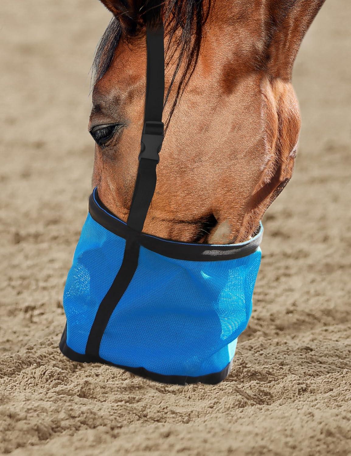 imageHarrison Howard Horse Muzzle Feed Bag Nylon Mesh Grain Feed Bag with Padded Neck Strap Adjustable Belt Mint SmallBlue