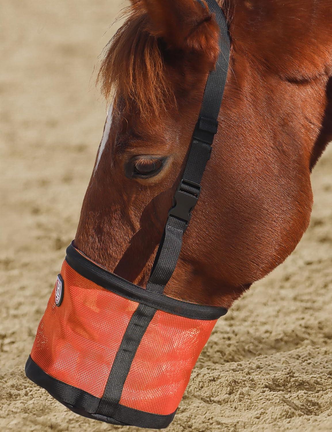 imageHarrison Howard Horse Muzzle Feed Bag Nylon Mesh Grain Feed Bag with Padded Neck Strap Adjustable Belt Mint SmallOrange