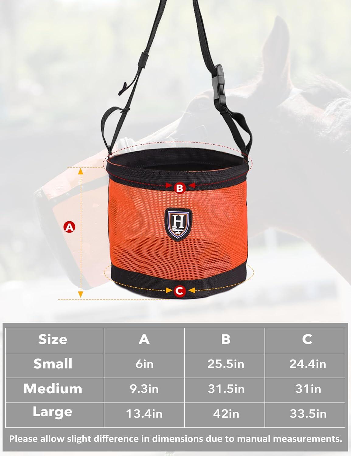 imageHarrison Howard Horse Muzzle Feed Bag Nylon Mesh Grain Feed Bag with Padded Neck Strap Adjustable Belt Mint SmallOrange