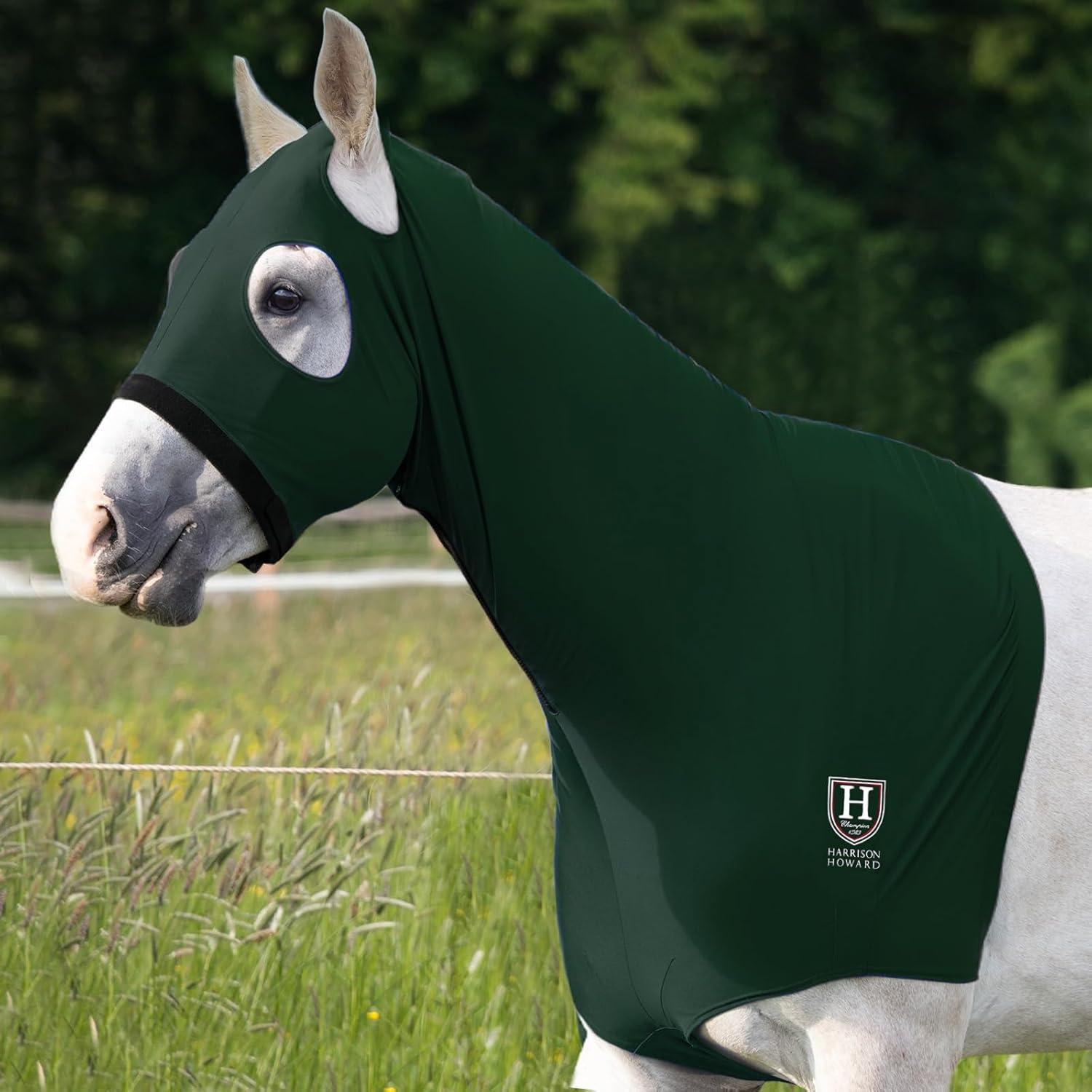 imageHarrison Howard Horse Stretch Hood Without Ears Snug Fitting Hood with Zip Closure Covers Face Shoulders Mane Chest and Withers Perfect for ShowEvent Preparation BlackHunter Green