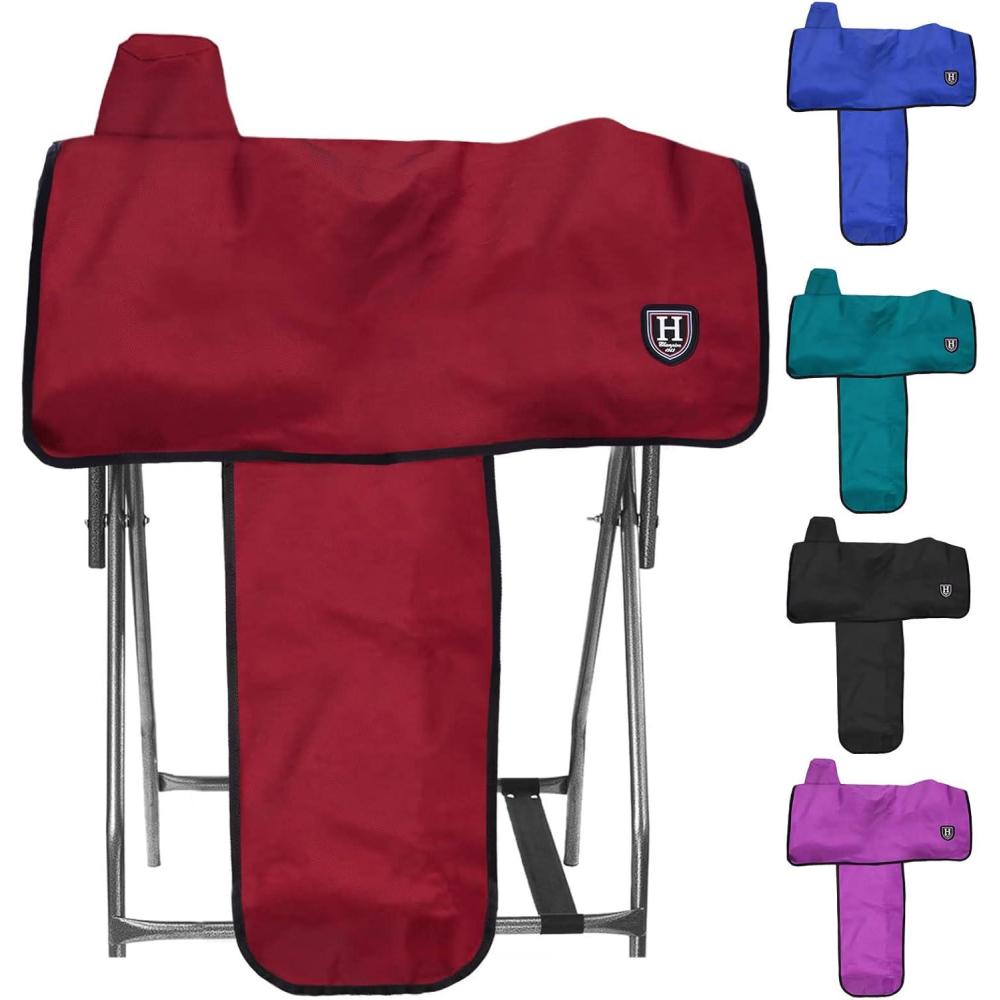 imageHarrison Howard 600 Denier SplashResistant Protective Saddle Cover Protection from Scratches Direct Sunlight and DustDebris Keeps Saddle in Pristine ConditionRedRed