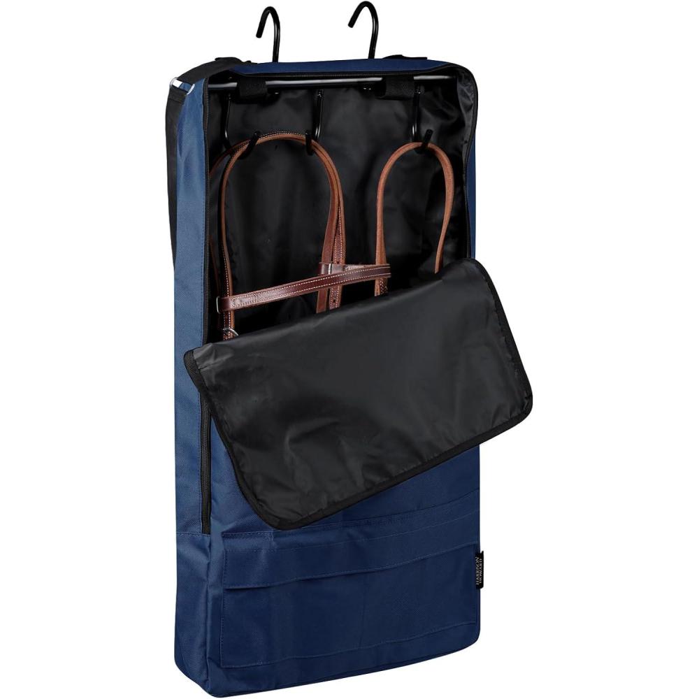 imageHarrison Howard BridleHalter Bag with 3 Prong Tack Rack Sturdy Waterproof Fabric Horse Tack Carry BagNavyNavy