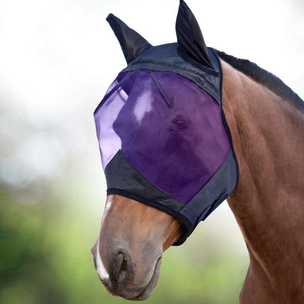 imageHarrison Howard CareMaster UVProof Great Air Flow Fly Mask Standard with Ears SilverBlack RetroBlackPurple