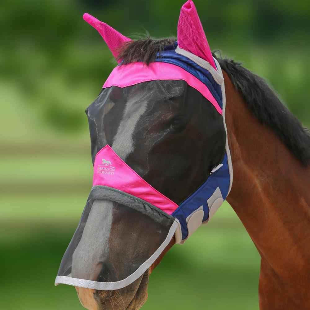 imageHarrison Howard Horse Fly Mask Long Nose with Ears FuchsiaNavy M CobFuchsiaNavy