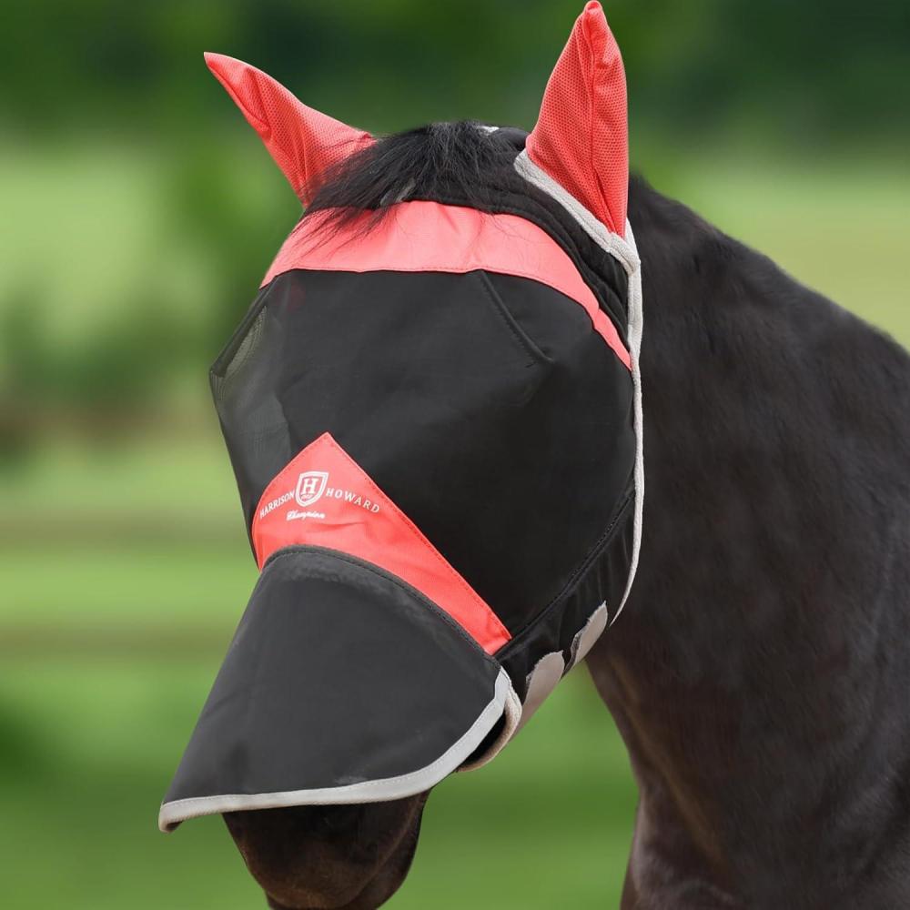 imageHarrison Howard Horse Fly Mask Long Nose with Ears FuchsiaNavy M CobOrange black