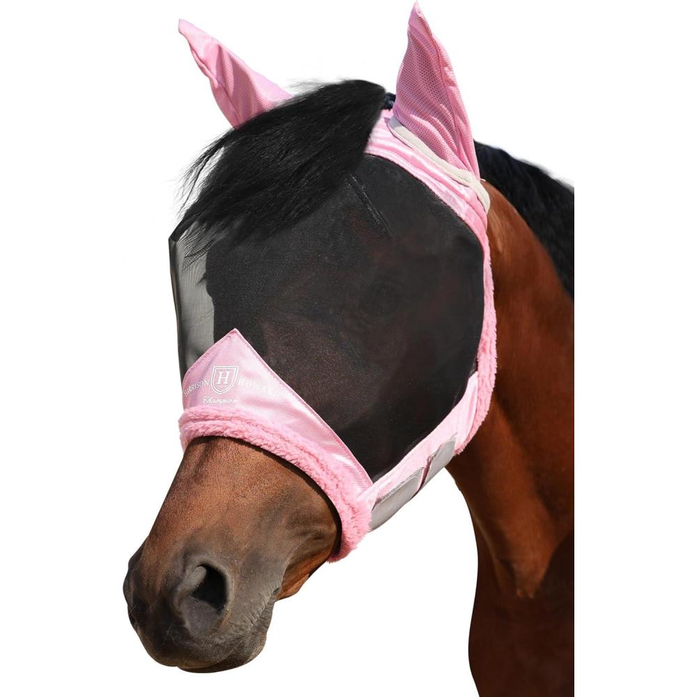 imageHarrison Howard Horse Fly Mask UV Protective Fine Mesh with Extra Wool Soft Touch on Skin Fly and UV Protection Moonlight Silver SLight Pink
