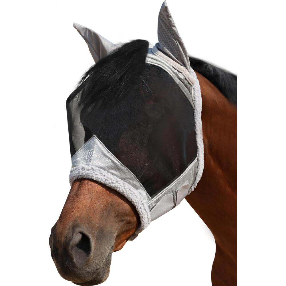 imageHarrison Howard Horse Fly Mask UV Protective Fine Mesh with Extra Wool Soft Touch on Skin Fly and UV Protection Moonlight Silver SMoonlight Silver
