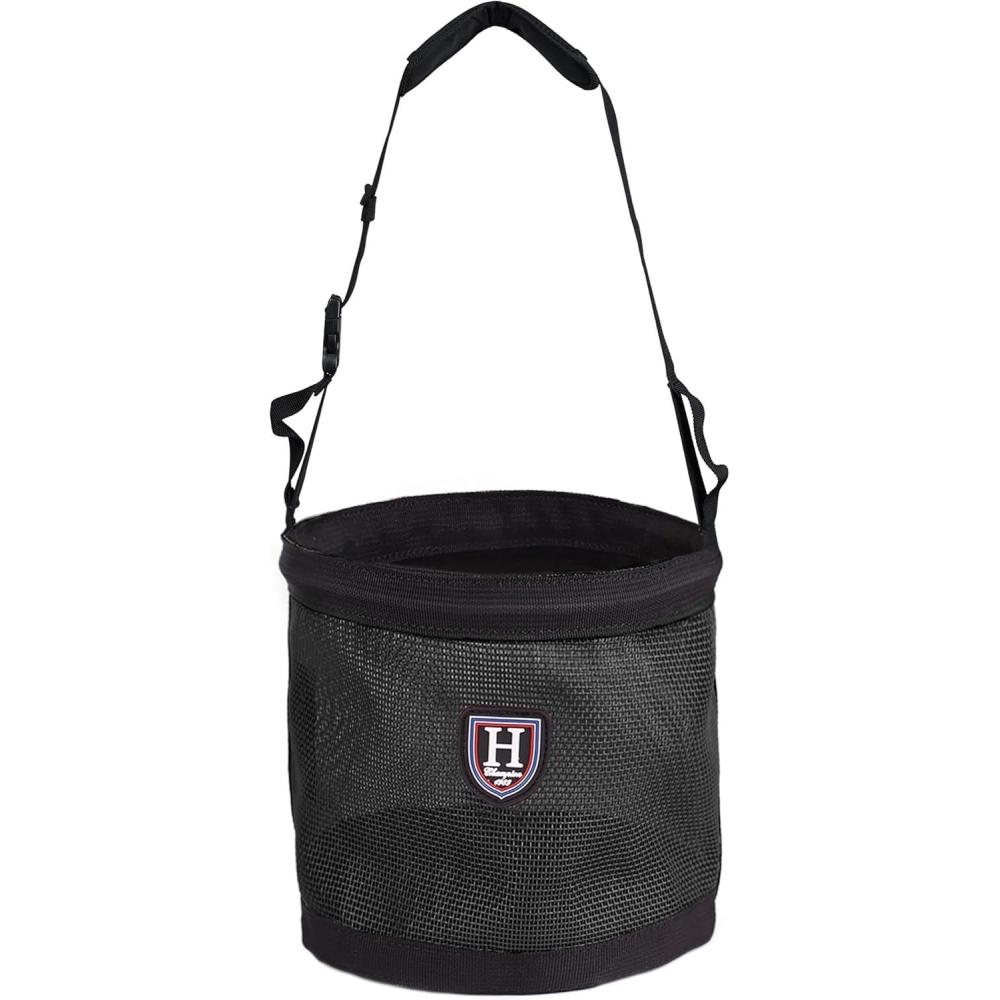 imageHarrison Howard Horse Muzzle Feed Bag Nylon Mesh Grain Feed Bag with Padded Neck Strap Adjustable Belt Mint SmallBlack