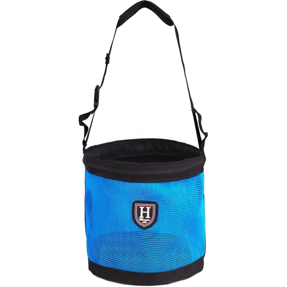imageHarrison Howard Horse Muzzle Feed Bag Nylon Mesh Grain Feed Bag with Padded Neck Strap Adjustable Belt Mint SmallBlue