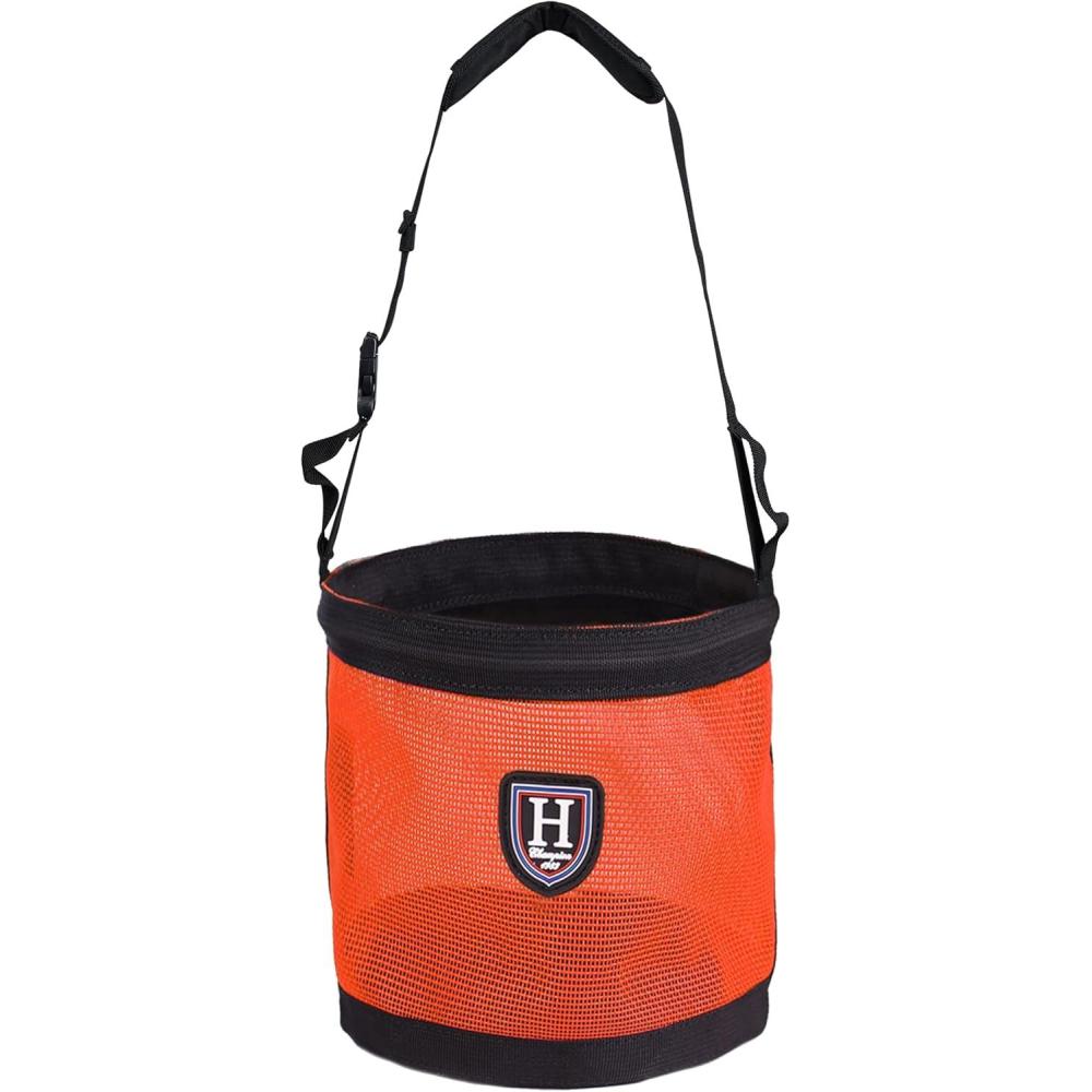 imageHarrison Howard Horse Muzzle Feed Bag Nylon Mesh Grain Feed Bag with Padded Neck Strap Adjustable Belt Mint SmallOrange