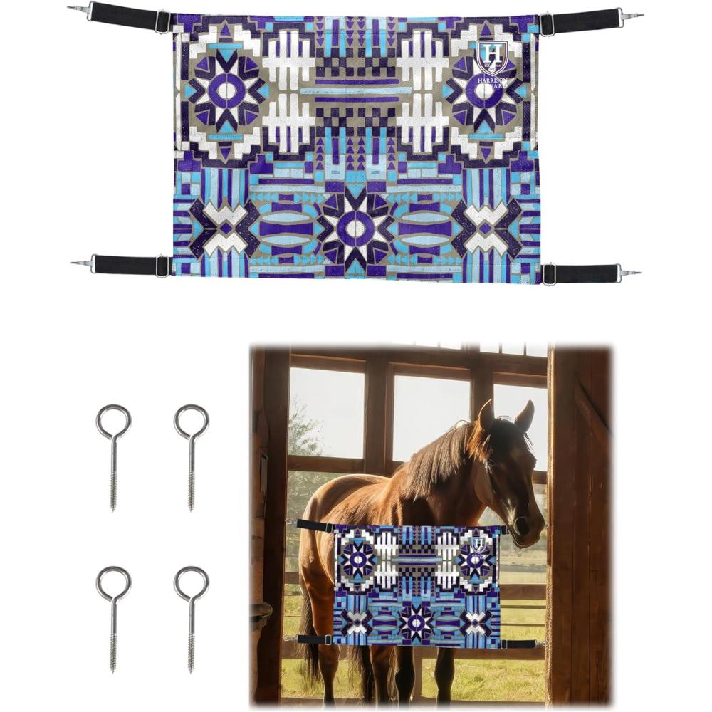 imageHarrison Howard Horse Stall Guard with Adjustable Straps and Sturdy Spring Hooks Included Aisle Guard Stall Guard for HorsesMosaic BlueMosaic Blue