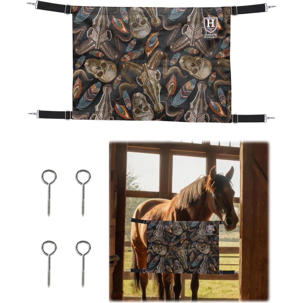 imageHarrison Howard Horse Stall Guard with Adjustable Straps and Sturdy Spring Hooks Included Aisle Guard Stall Guard for HorsesMosaic BlueSkull Dread
