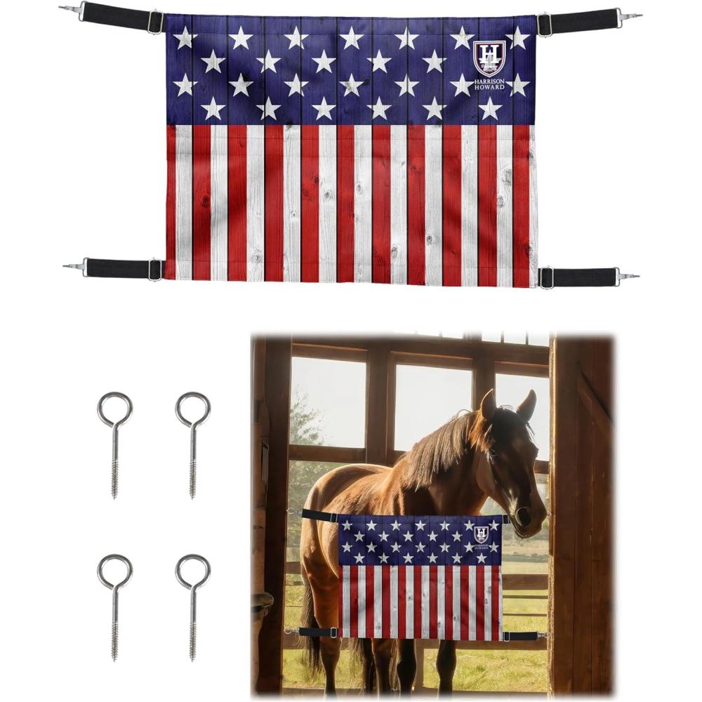 imageHarrison Howard Horse Stall Guard with Adjustable Straps and Sturdy Spring Hooks Included Aisle Guard Stall Guard for HorsesMosaic BlueUS Flag