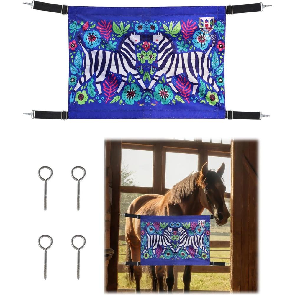 imageHarrison Howard Horse Stall Guard with Adjustable Straps and Sturdy Spring Hooks Included Aisle Guard Stall Guard for HorsesMosaic BlueZebra in Flowers