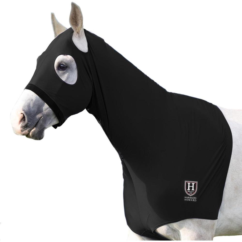imageHarrison Howard Horse Stretch Hood Without Ears Snug Fitting Hood with Zip Closure Covers Face Shoulders Mane Chest and Withers Perfect for ShowEvent Preparation  BlackBlack