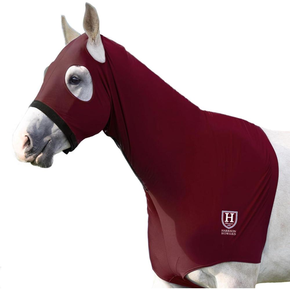 imageHarrison Howard Horse Stretch Hood Without Ears Snug Fitting Hood with Zip Closure Covers Face Shoulders Mane Chest and Withers Perfect for ShowEvent Preparation  BlackBurgundy