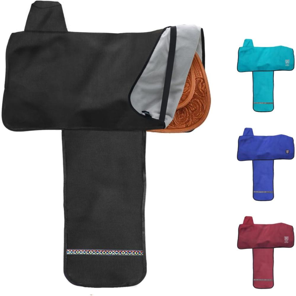 imageHarrison Howard Premium Western Saddle Cover Fender Protection with Unique Fleece Lining to Avoid Unnecessary WearTear Perfect for TravellingTealBlack