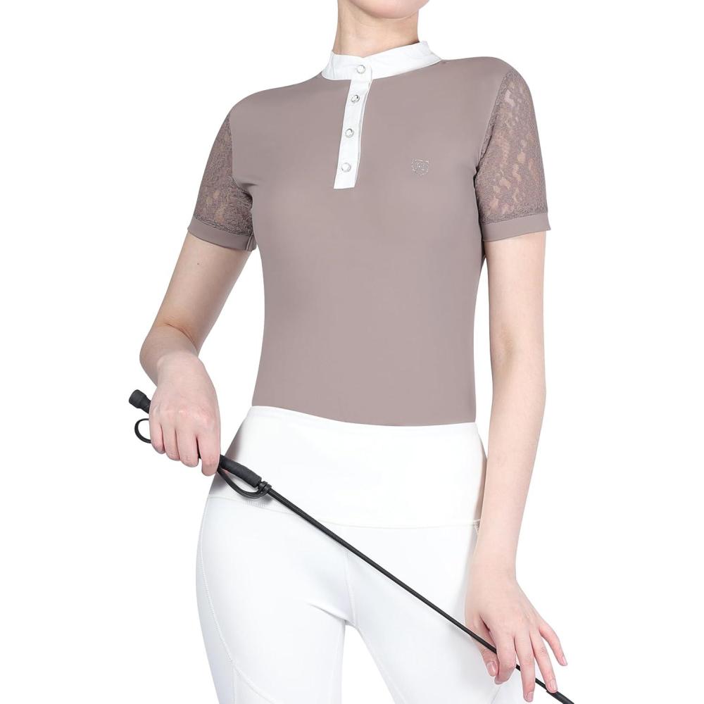 imageHarrison Howard Short Sleeve Lace Top Show Shirt Breathable with Graceful Back Lace Rider TopBeige