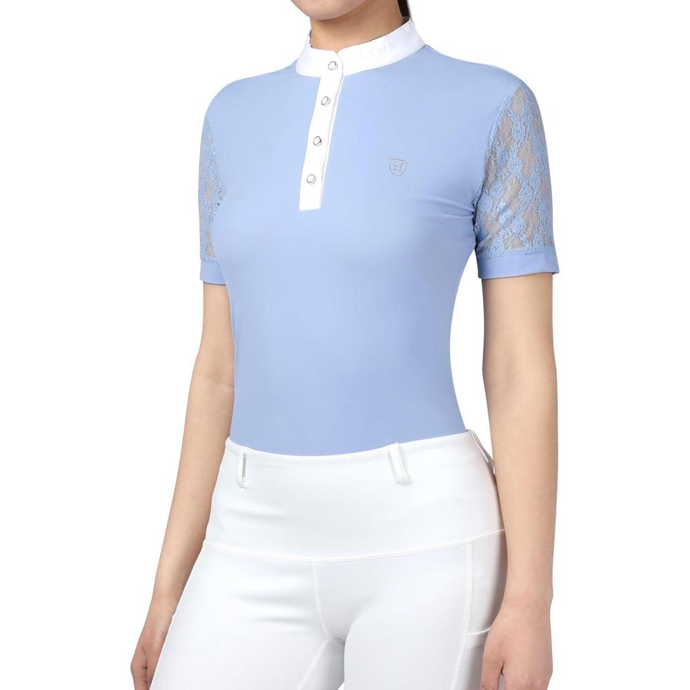 imageHarrison Howard Short Sleeve Lace Top Show Shirt Breathable with Graceful Back Lace Rider TopIce Blue
