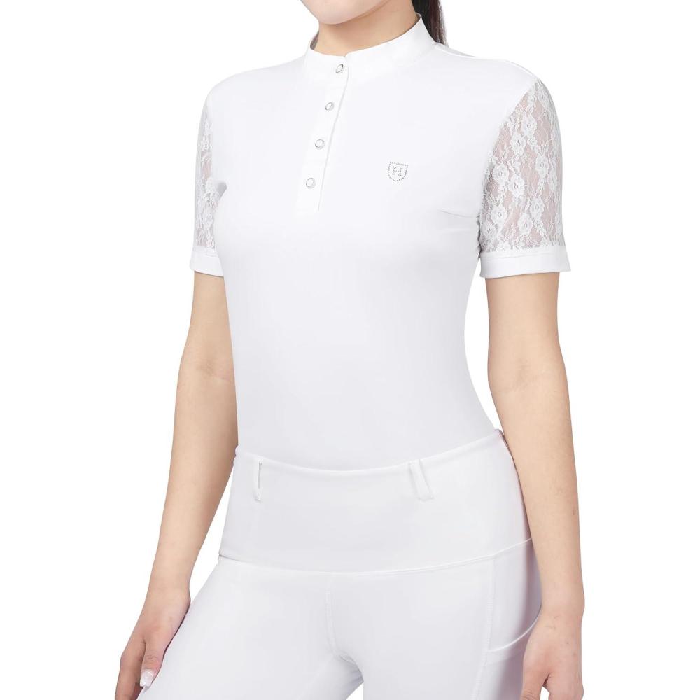 imageHarrison Howard Short Sleeve Lace Top Show Shirt Breathable with Graceful Back Lace Rider TopOval White