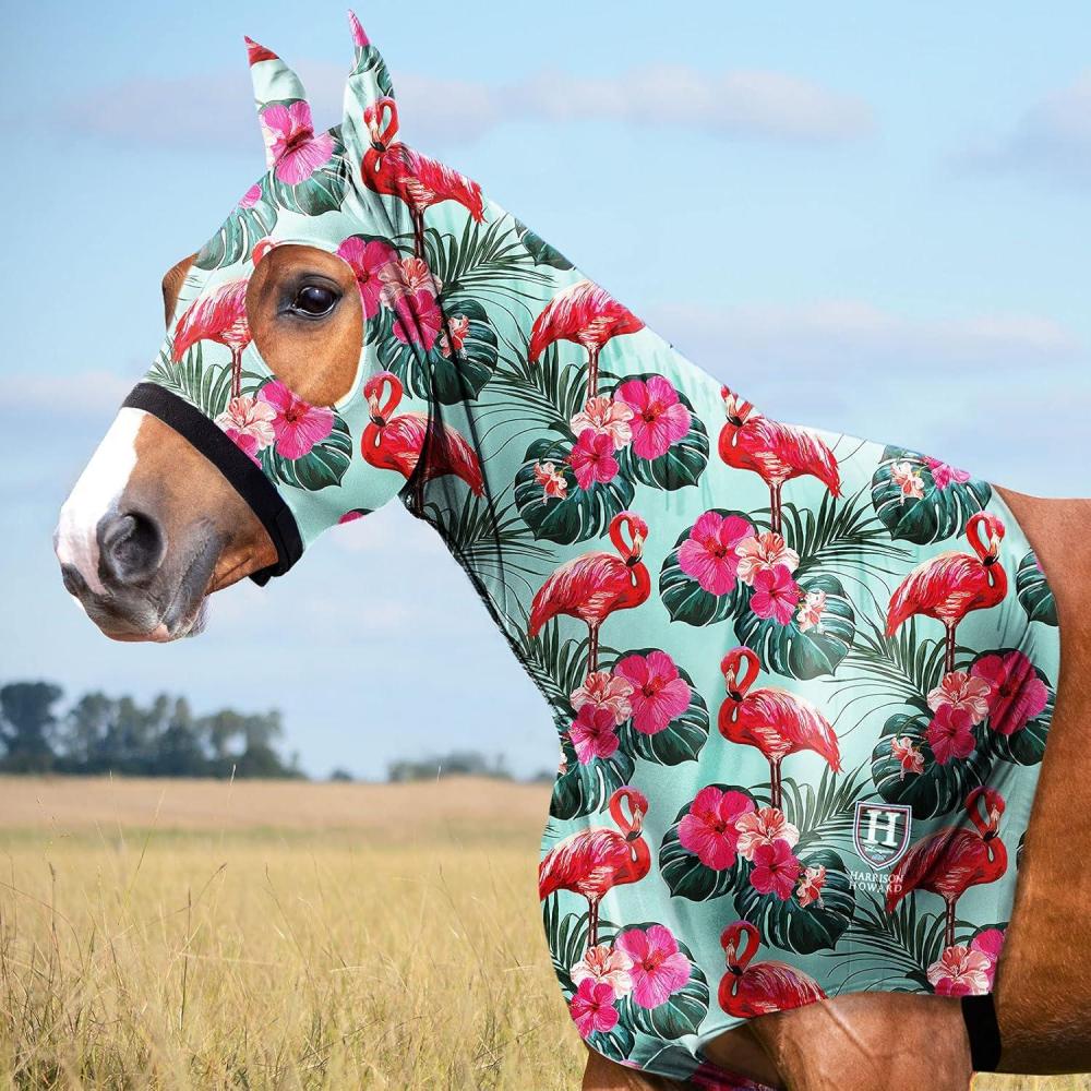 imageHarrison Howard Soft Horse Hood AllCovered Comfortable Sleezy for Horses with Zipper Feather Hues MChic Flamingo