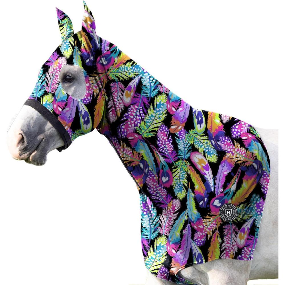 imageHarrison Howard Soft Horse Hood AllCovered Comfortable Sleezy for Horses with Zipper Feather Hues MFeather Hues