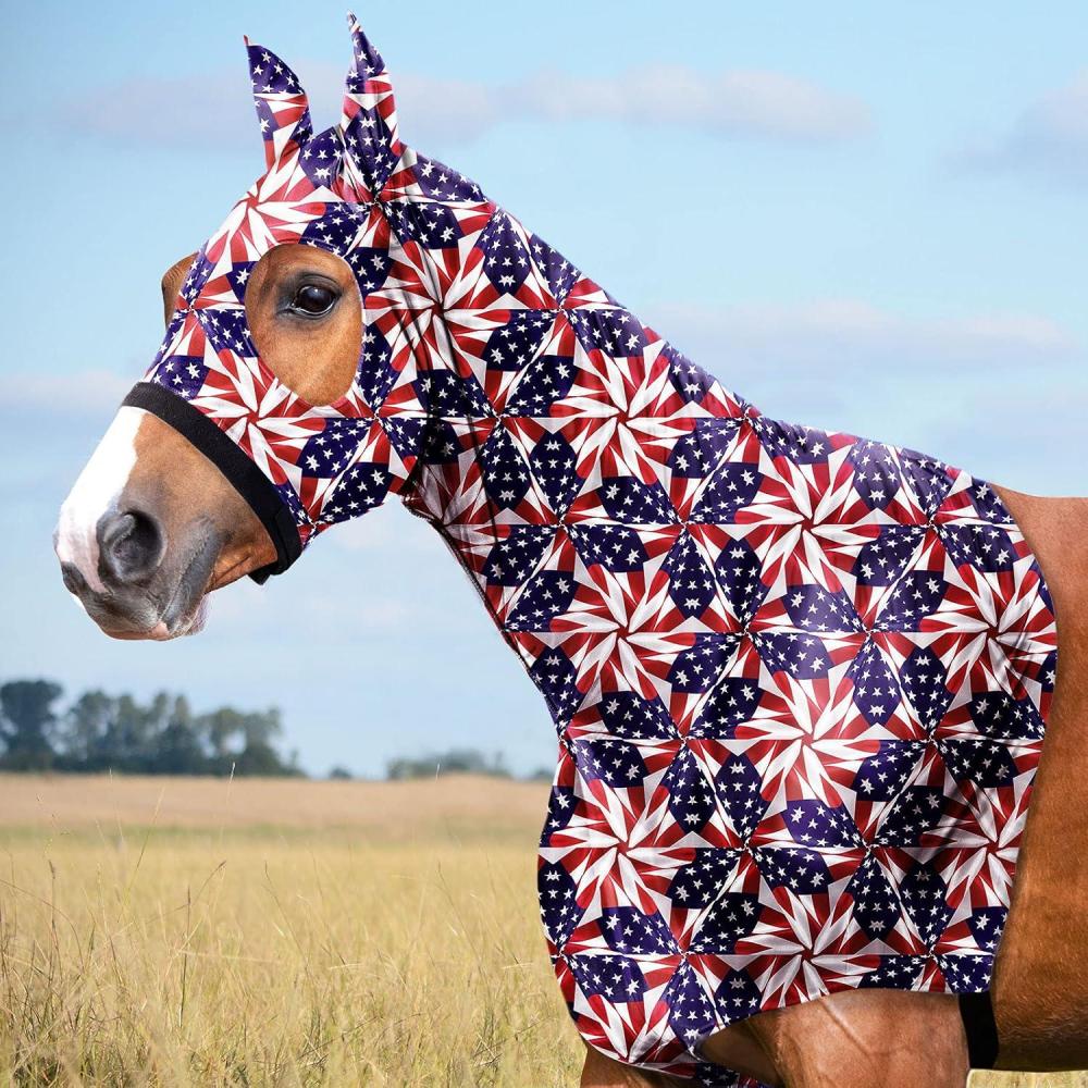 imageHarrison Howard Soft Horse Hood AllCovered Comfortable Sleezy for Horses with Zipper Feather Hues MUS Flag Prism
