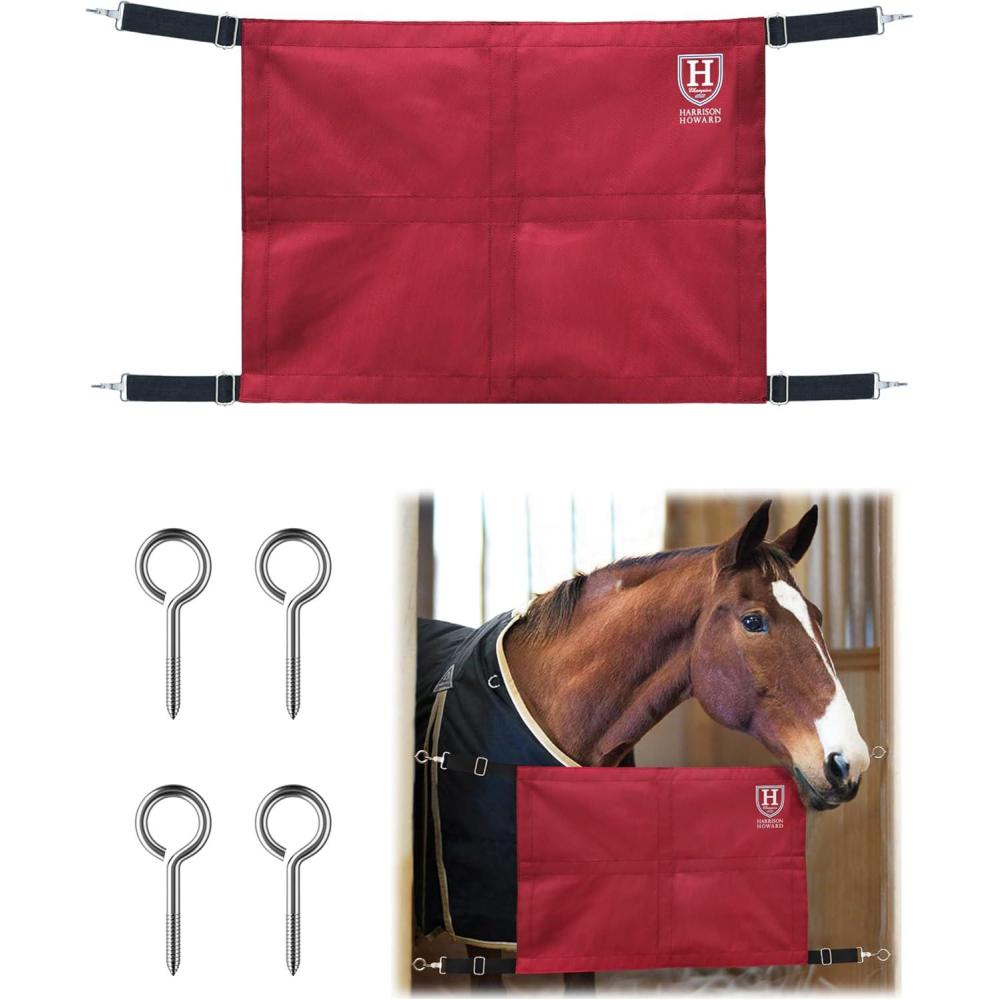 imageHarrison Howard Stall Guard for Horse Barn with Adjustable Straps and Sturdy Spring Hooks Included Horse Stall Guard BlackRed