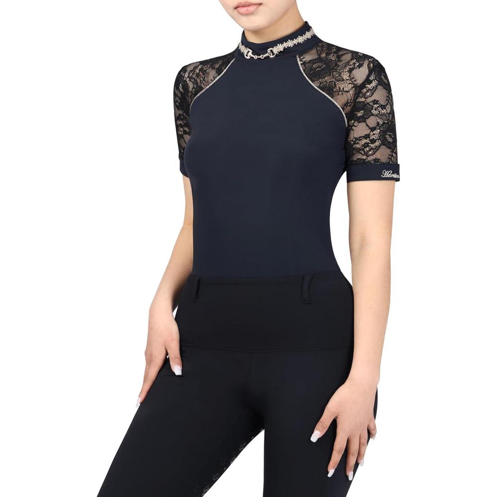 imageHarrison Howard Womens Slim Fit Show Shirt with Lace Sleeves and Iconic Bit Breathable Comfortable Rider TopBlack