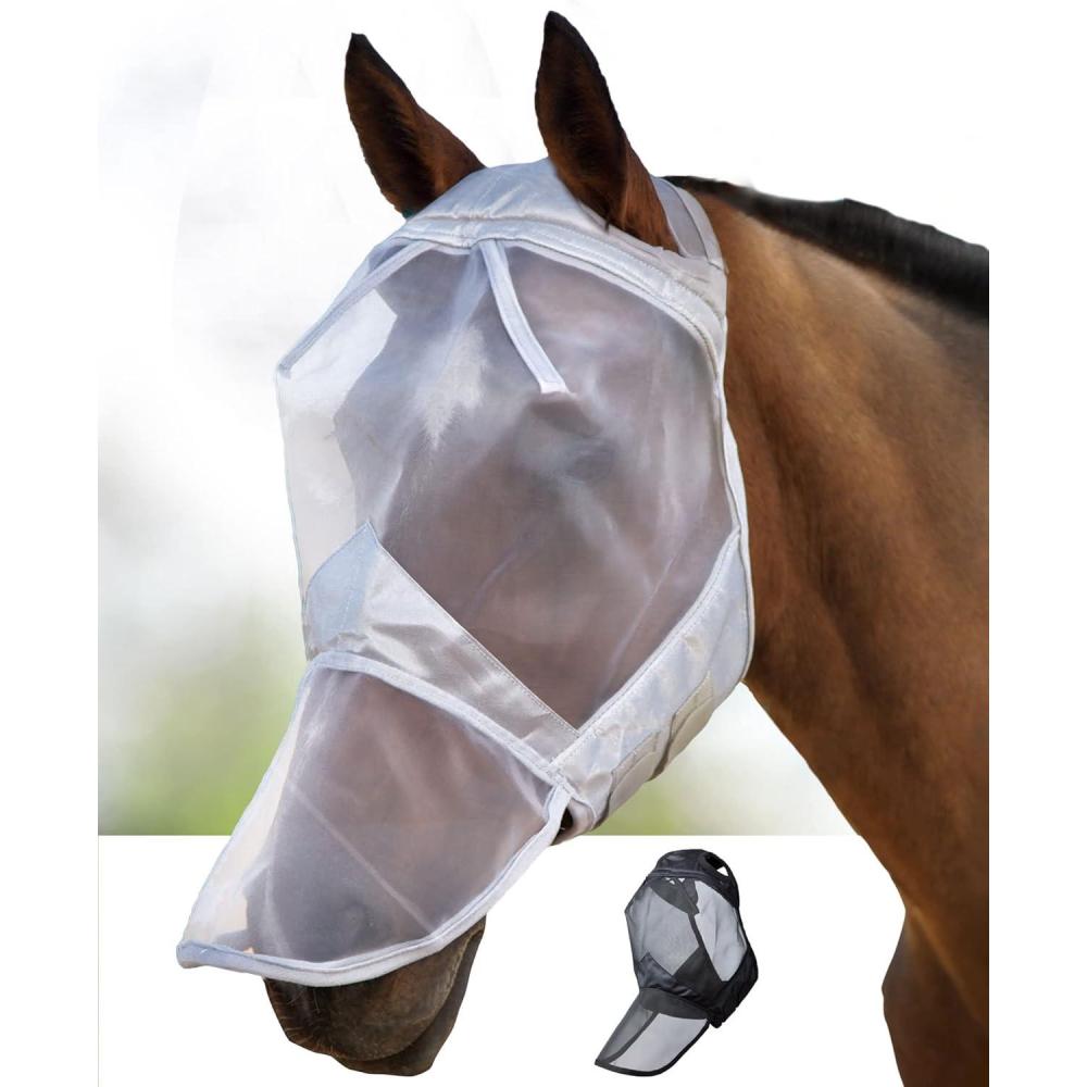 imageHarrison Howard CareMaster Horse Fly Mask Full Face No Ears Moonlight Silver Large Full SizeMoonlight Silver