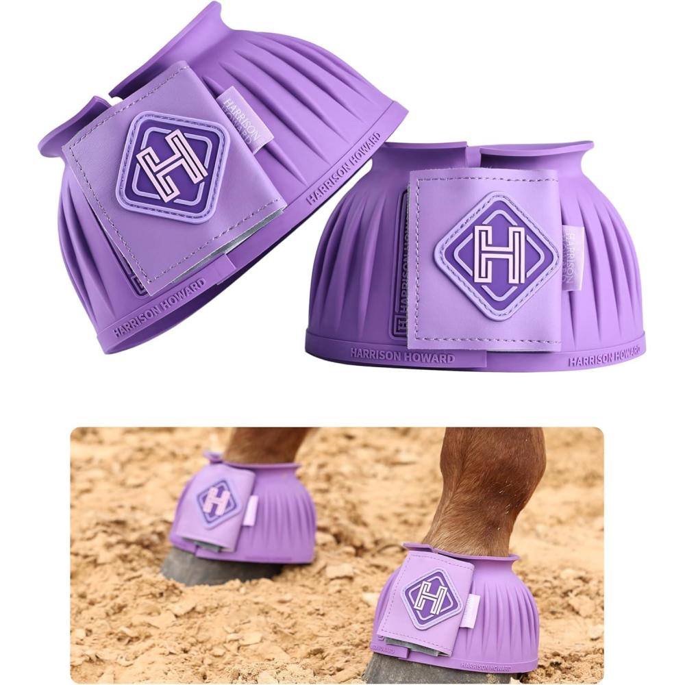 imageHarrison Howard Rubber Pullon Bell Boots with Fleece Lining and TouchClose Tapes Hoof Overreach Protection for HorsesViolet