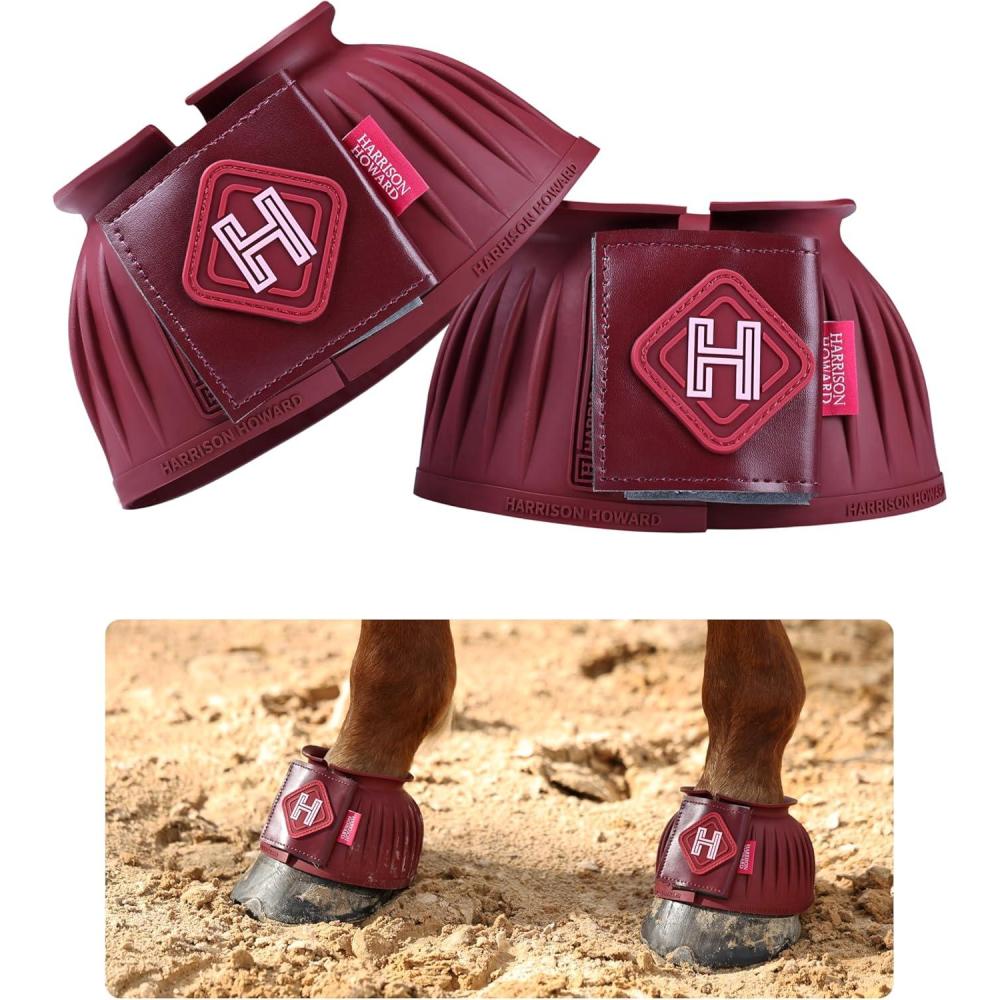 imageHarrison Howard Rubber Pullon Bell Boots with Fleece Lining and TouchClose Tapes Hoof Overreach Protection for HorsesWine Red