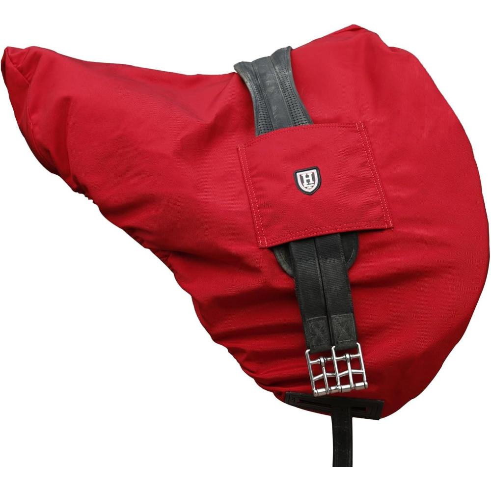 imageHarrison Howard Premium English Saddle Cover WaterproofBreathable FleeceLined LongLasting Outer Damage Protection Saddle CoverScarlet Red