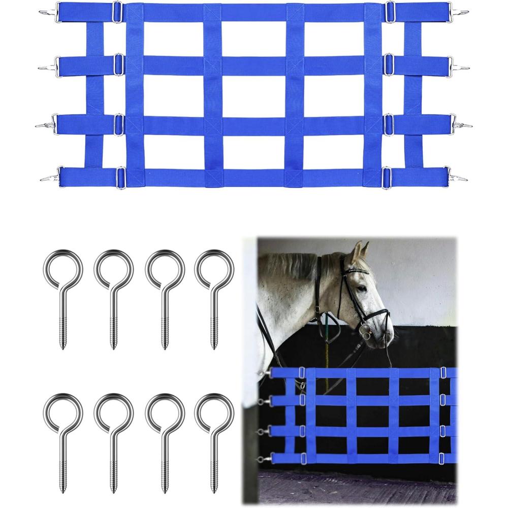 imageHarrison Howard Adjustable Horse Stall Guard Poly 4 Slat Door Guard for Horse Barns Sturdy Webbing Grid Design Stall Guard RedBlue